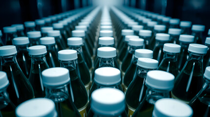 Obraz premium Neatly arranged syrup bottles with white caps in a production facility
