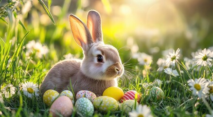 Adorable Easter bunny surrounded by colorful eggs and daisies in a sunny meadow, perfect for seasonal promotions, greeting cards, and festive spring visuals
