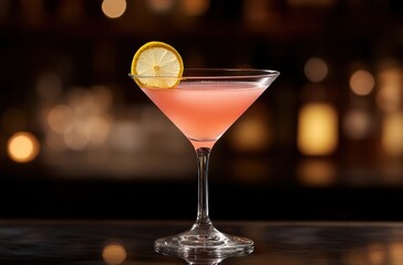 Refreshing pink cocktail with lemon slice garnishing in a stylish glass against a blurred bar background with warm bokeh lights creating a cozy atmosphere