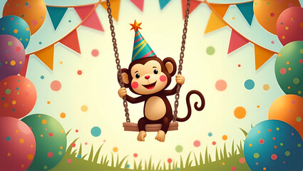 Playful Kawaii Monkey Clipart Swinging into a Birthday Party - Bright & Child-Friendly Design