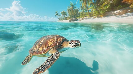 Fototapeta premium Sea Turtle Swimming in Tropical Paradise, A sea turtle swimming in clear turquoise waters near a tropical beach with palm trees