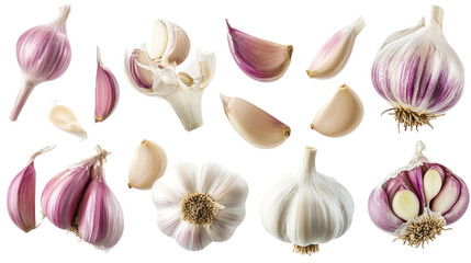 A vibrant arrangement of various garlic bulbs and cloves showcasing their distinct colors and textures, ideal for culinary use