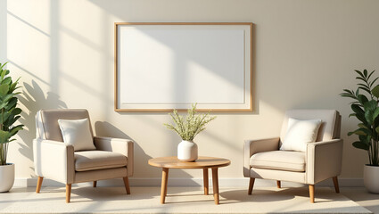 Cozy and Stylish Living Room Decor: Chairs, Picture Frames, and Flower Vases in Vector Illustration