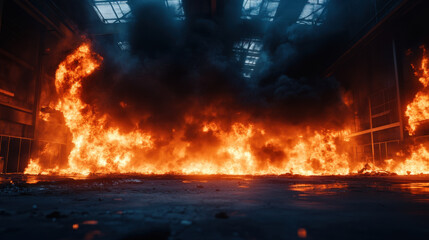 Fototapeta premium large fire burns intensely in industrial setting, creating dramatic scene filled with flames and thick smoke. atmosphere is charged with energy and urgency, showcasing power of fire