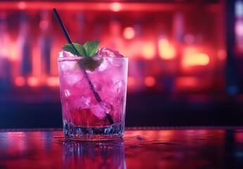 Refreshing Pink Cocktail with Mint Garnish Served in a Glass on a Dark Bar Counter Surrounded by Blurred Vibrant Lights at a Trendy Bar Setting