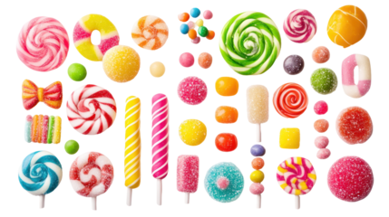 A vibrant assortment of colorful candies and lollipops arranged artistically, perfect for sweet-themed events and promotions
