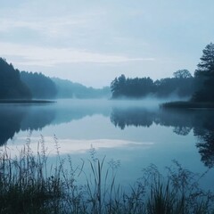 Fototapeta premium Calm Lake Reflecting Foggy Forest Landscape in Gentle Blue Light