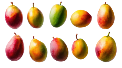 A vibrant assortment of mangoes in various ripeness stages, showcasing their colors and textures against a clean background