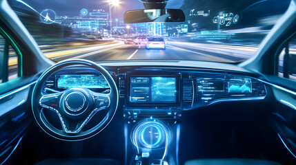Autonomous Vehicle Interior: An eye-level perspective inside a futuristic autonomous vehicle, highlighting the digital dashboard and advanced technology features in a motion-blurred city environment.
