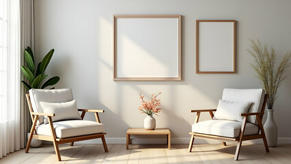 Flat The living room is decorated with chairs picture frames and flower vases creating a cozy and stylish home environment. concept as Living room decorated with chairs picture frames and flower vases