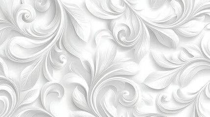 Elegant White Floral Pattern with Swirling Designs, Elegant white floral pattern with intricate swirling designs and leaves