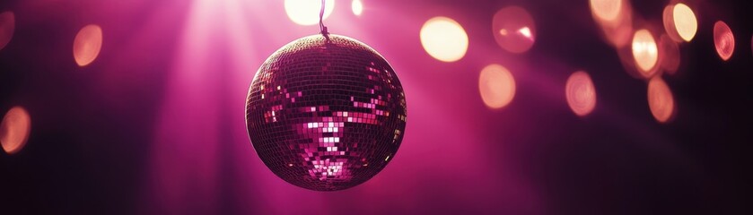 Fototapeta premium A shimmering disco ball suspended from a ceiling, reflecting vibrant light patterns across the room. The ball's mirrored surface sparkles, creating a festive and lively atmosphere perfect for dancing.