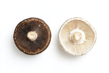 Two mushrooms, one dark brown, one light beige,  isolated on white background.  Different stages of growth or variety