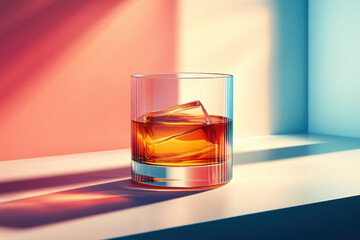 A glass of whiskey on a table with dim lighting, casting a warm glow, next to a burning candle, creating a cozy and inviting ambiance.