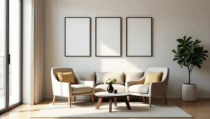 Stylish Living Room Decor: Cozy Chairs, Picture Frames, and Flower Vases for a Chic Home Environment - Simple Flat Vector Illustration for Smart Business Inspiration