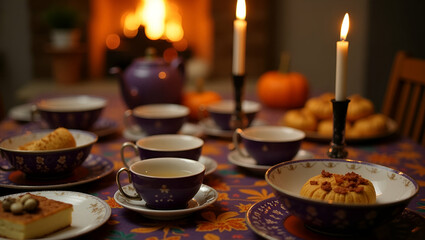 Spooky Yet Elegant Halloween Tea Party: Unique Setup Ideas, Themed Decorations, and Beverages for a Hauntingly Beautiful Celebration - Perfect Photo Stock Concept