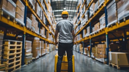 Fototapeta premium Warehouse worker moving boxes on a pallet jack through a storage facility.