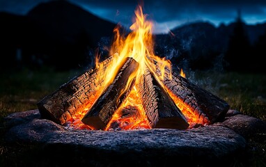 Naklejka premium Campfire Night Mountains Nature.