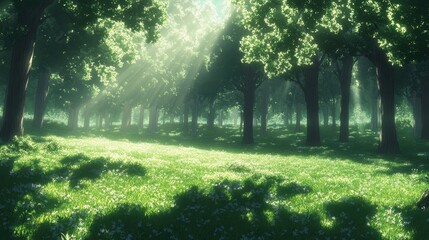 Fototapeta premium A vibrant field bursting with colorful wildflowers sways gently in the warm sunlight, surrounded by tall, lush green trees that provide a serene backdrop, creating a picturesque landscape.