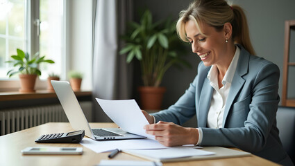 Fototapeta premium Smart Financial Management: Senior Businesswoman Budgeting at Home Office