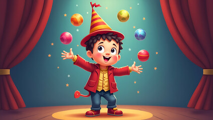 Playful 2D Cartoon Illustration of a Child Circus Performer Juggling Colorful Balls - Perfect for Logos and Emblems with Empty Space for Customization