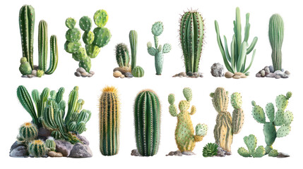 A vibrant collection of various cacti species displayed on rocks, showcasing their unique shapes and textures in a natural setting