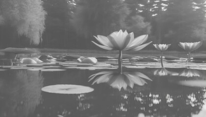 black and white view of calm and gentle lagoon in the middle of the jungle