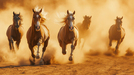 Obraz premium Majestic horses gallop through desert dust, embodying freedom and untamed spirit in golden light.