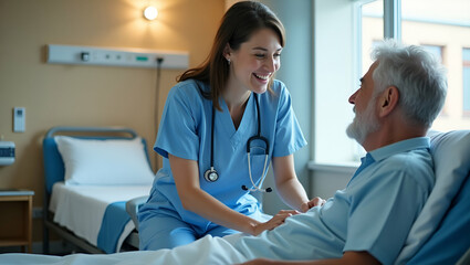 Obraz premium Young Nurse Providing Compassionate Care to Senior Patient in Hospital Room: A Heartwarming Representation of Professional Medical Assistance in a Clinical Setting with Space for Text
