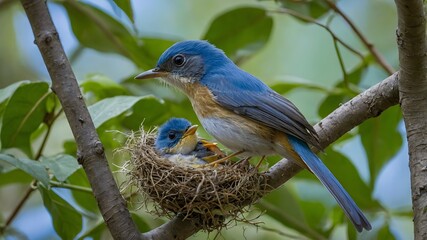 Moments of Nurture: A Dull Blue Flycatcher with Its Young in Nature