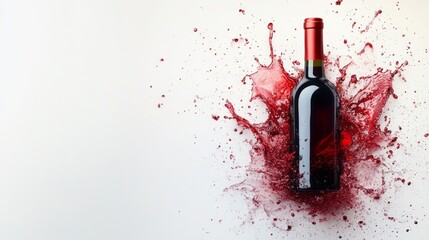 Red wine bottle with an explosion of liquid around it