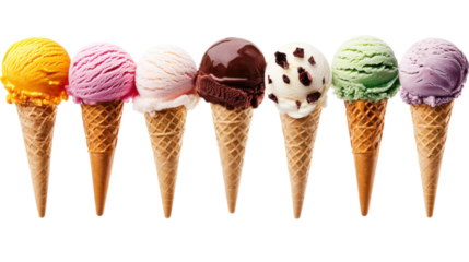 A vibrant display of colorful ice cream scoops in cones, arranged neatly, evoking a joyful summer treat atmosphere