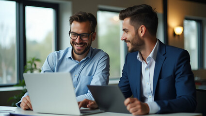 Obraz premium Flat Two busy successful professional business men executives collaborating in office using laptops and computer technology to manage data together. concept as Two professional businessmen executives 