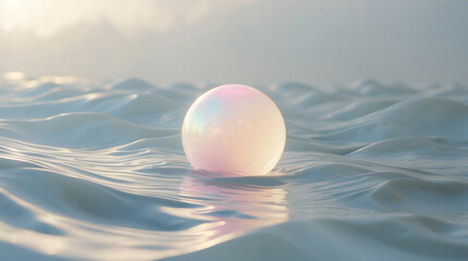 A luminous, iridescent orb rests gently upon undulating, white waves, creating a surreal and ethereal atmosphere under a soft sky.