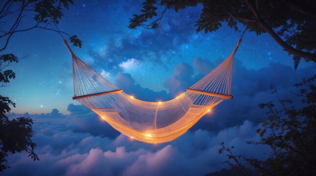 Tranquil night scene with illuminated hammock suspended among clouds under a starry sky, creating a dreamy and relaxing atmosphere.