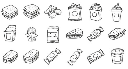 A delightful collection of hand-drawn snacks and sandwiches, perfect for a quick lunch or a fun picnic, featuring charming doodles in simple black and white.