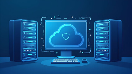 Fototapeta premium Modern Cloud Computing & Data Center Solutions: Enhance Workplace Efficiency with Scalable Server Storage & Smart Collaboration Tools - A Cute Flat Vector Design for Tech Innovation