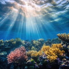 Naklejka premium Underwater Coral Reef Ecosystem with Sun Rays Illuminating the Scene