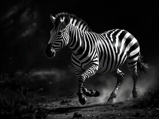 Fototapeta premium A stunning black and white portrait of a zebra, showcasing its iconic stripes in striking contrast against a dark backdrop.