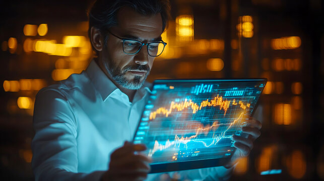 A businessman examining a tablet with a vibrant holographic financial display, stock graphs, real photo, dark background - Powered by Adobe