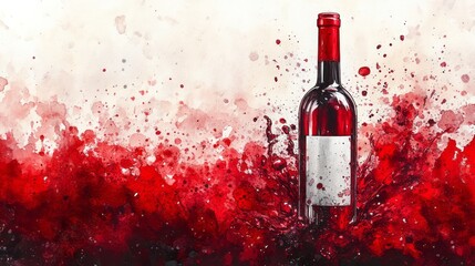 Fototapeta premium A watercolor painting features a bottle of red wine