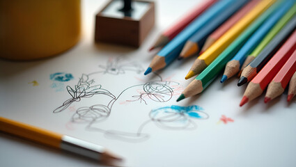 Flat colored pencils and a pencil sharpener on desk illustrating artistic tools and creative workspace in stationary setup. concept as Colored pencils and pencil sharpener on desk illustrating artisti