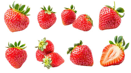 Fresh strawberries arranged artistically against a white background, showcasing various angles and textures, ideal for culinary use