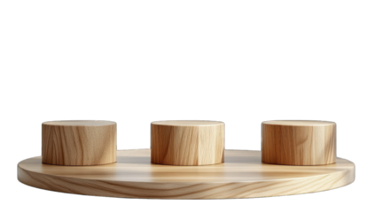 three wooden cylinders placed on a round base against a softly l