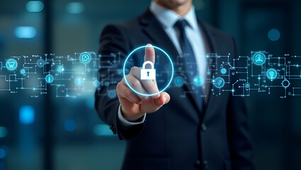 Flat Business hand clicks security icon on virtual screen representing data protection cyber security privacy business internet networking and technology concepts concept as Business hand clicks secur