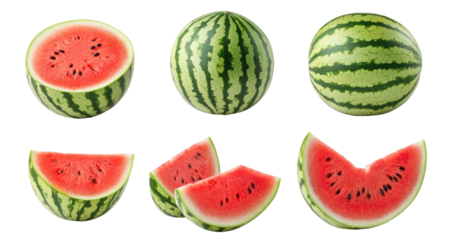 Freshly cut watermelons displayed in various shapes and sizes on a clean background, ideal for summer recipes and healthy eating