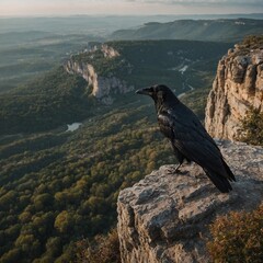A crow perched on a high cliff, overlooking a vast kingdom.