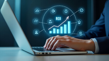 Analyzing ROI: Hand Typing on Laptop with Holographic Financial Strategy Icons in Empty Space
