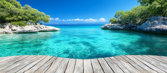 Fototapeta premium Crystal clear turquoise ocean water by the rocky green shore