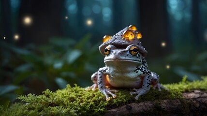 Cope's Gray Treefrog Wearing a Tiny Hat on a Mushroom with Fireflies